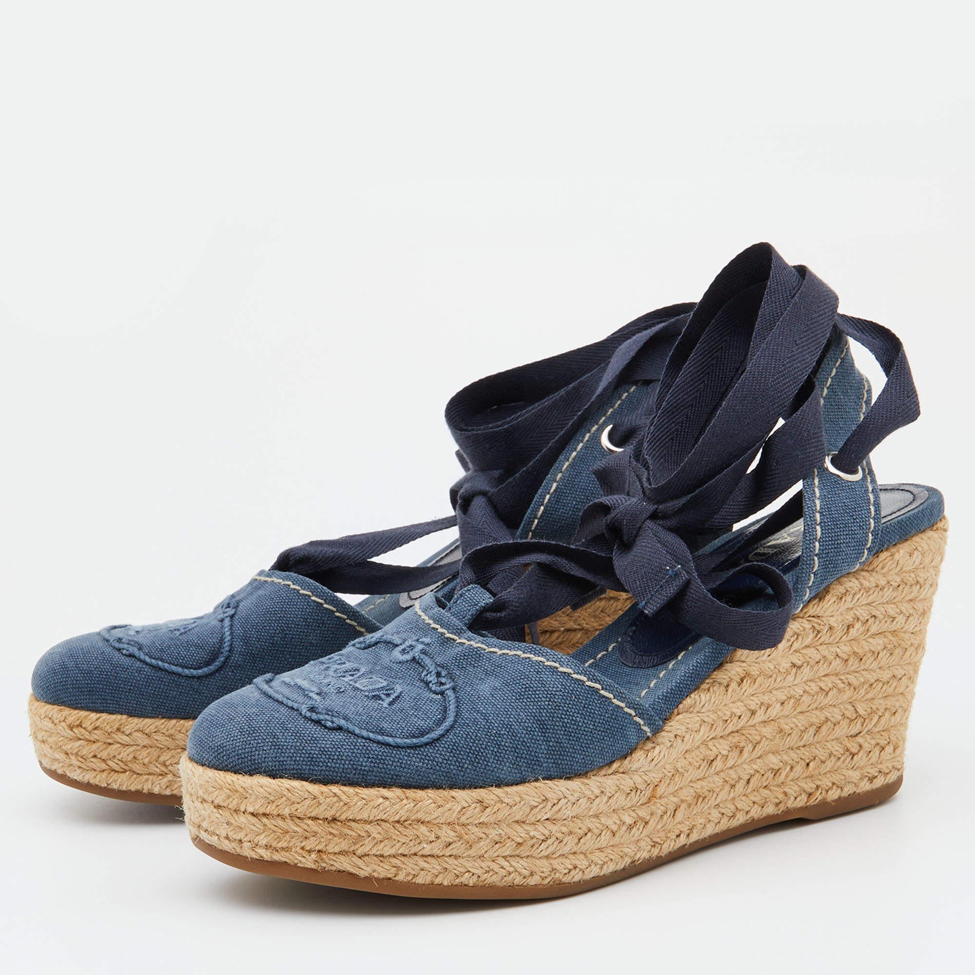 Prada Navy Blue Denim Espadrille Wedge Ankle Tie Pumps Size 36.5 In Good Condition In Dubai, Al Qouz 2