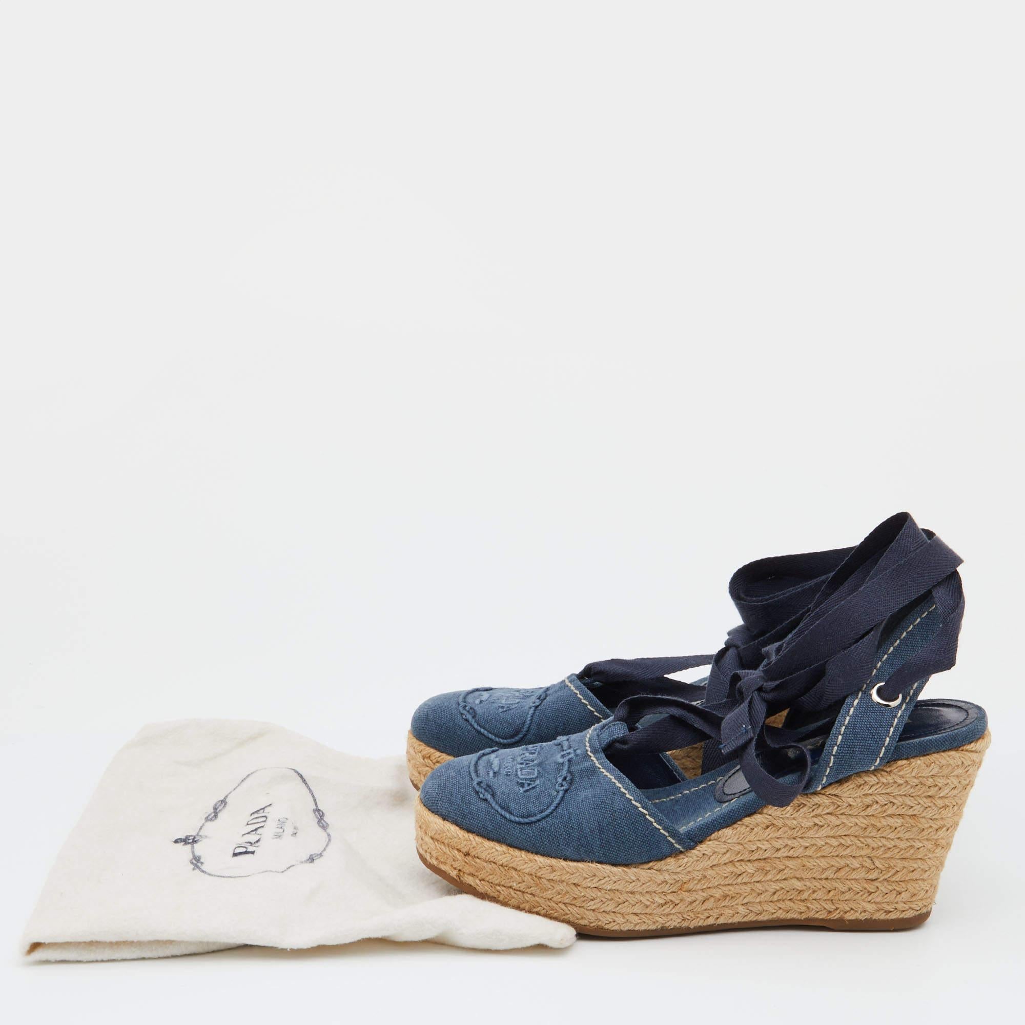 Prada Navy Blue Denim Espadrille Wedge Ankle Tie Pumps Size 36.5 1