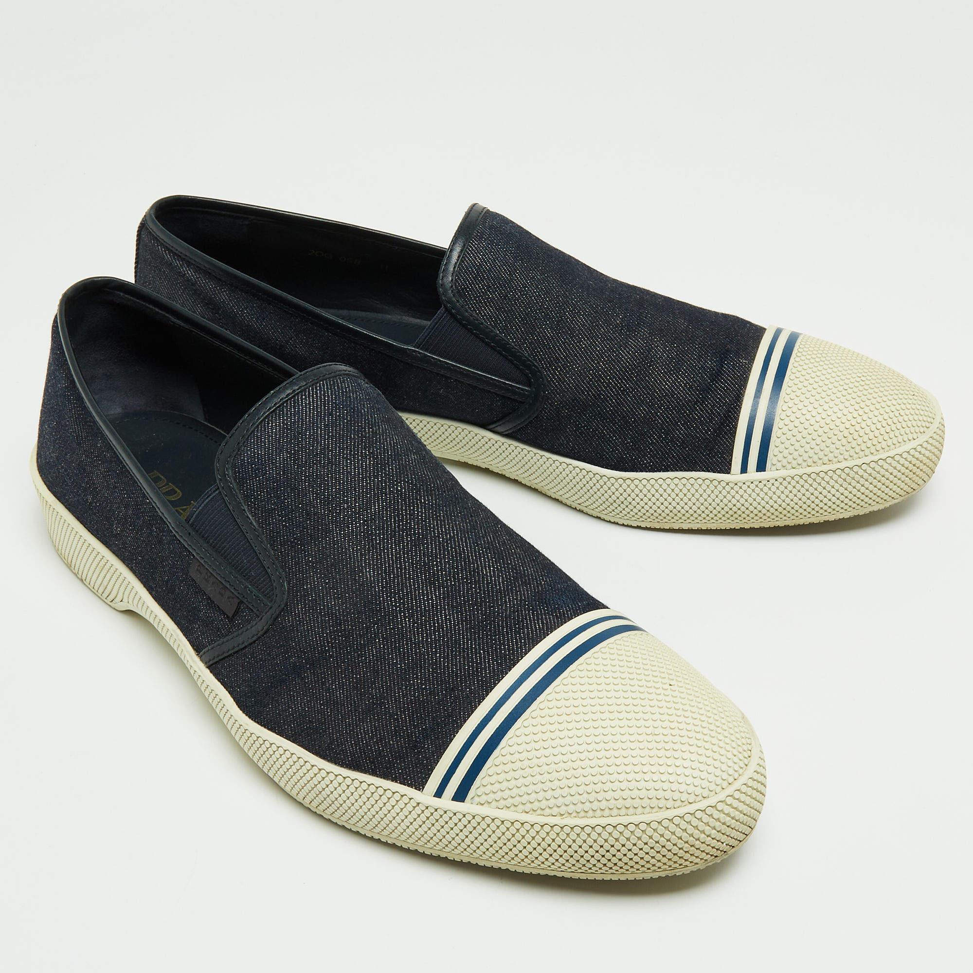 Men's Prada Navy Blue Denim Slip On Sneakers Size 45 For Sale