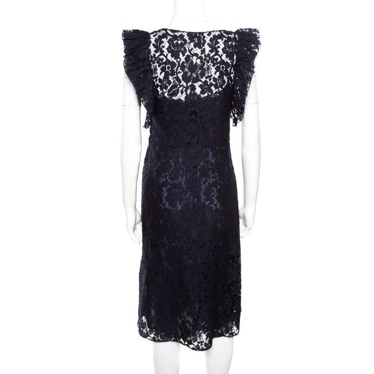 Prada Navy Blue Floral Lace Ruffled Sleeveless Dress S For Sale at 1stDibs