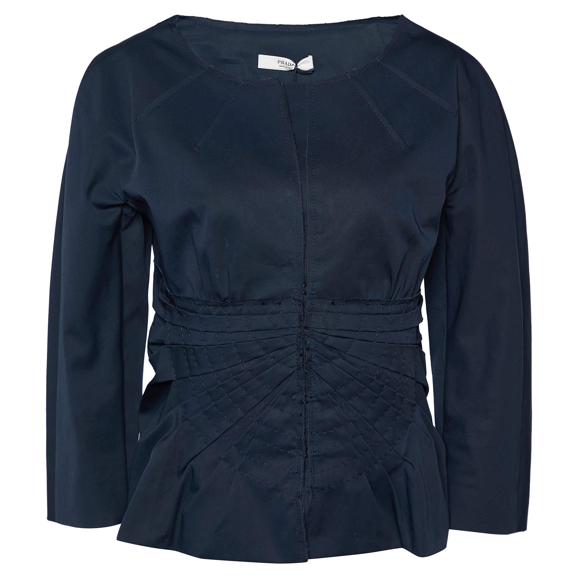 Prada Navy Blue Gabardine Draped Detail Hook Front Jacket L