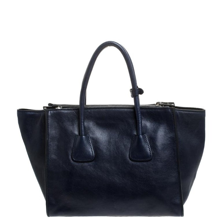 Prada Navy Blue Glace Calf Leather Twin Pocket Double Handle Tote For ...