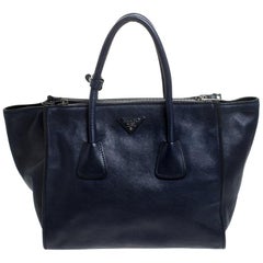 Prada Navy Blue Glace Calf Leather Twin Pocket Double Handle Tote