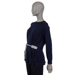 PRADA navy blue & grey wool BACK BUTTON TIE WAIST Crewneck Sweater 42 M