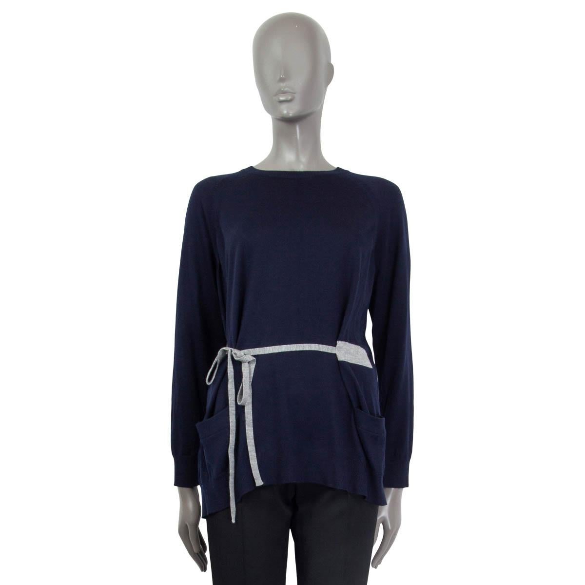 Gray PRADA navy blue & grey wool BACK BUTTON TIE WAIST Crewneck Sweater 42 M For Sale