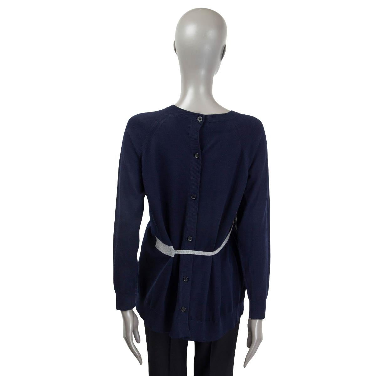 PRADA navy blue & grey wool BACK BUTTON TIE WAIST Crewneck Sweater 42 M In Excellent Condition For Sale In Zürich, CH