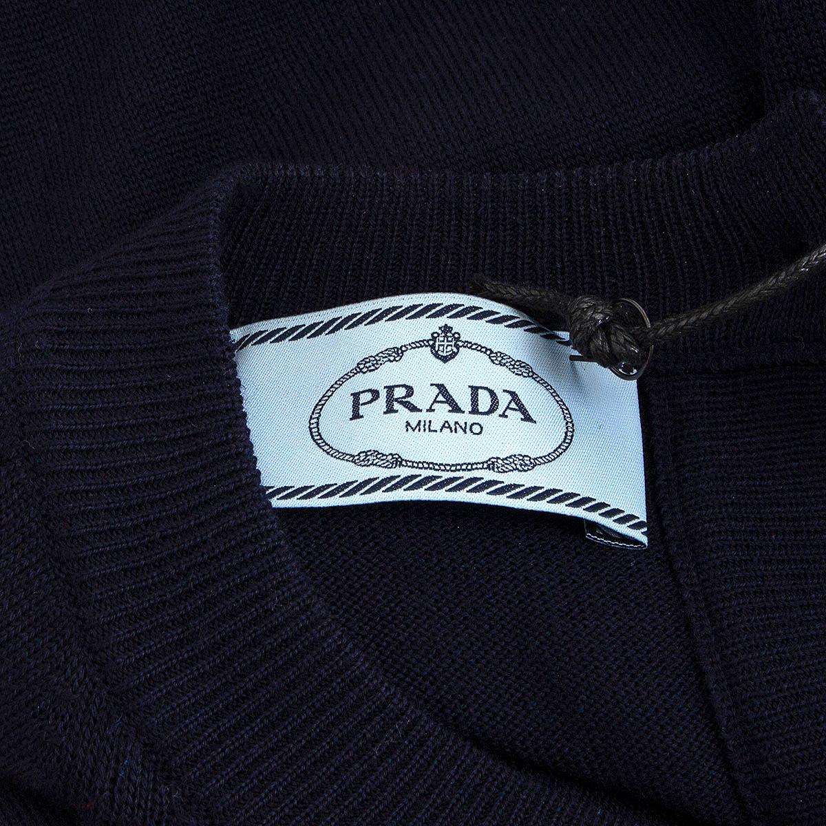 Women's PRADA navy blue & grey wool BACK BUTTON TIE WAIST Crewneck Sweater 42 M For Sale