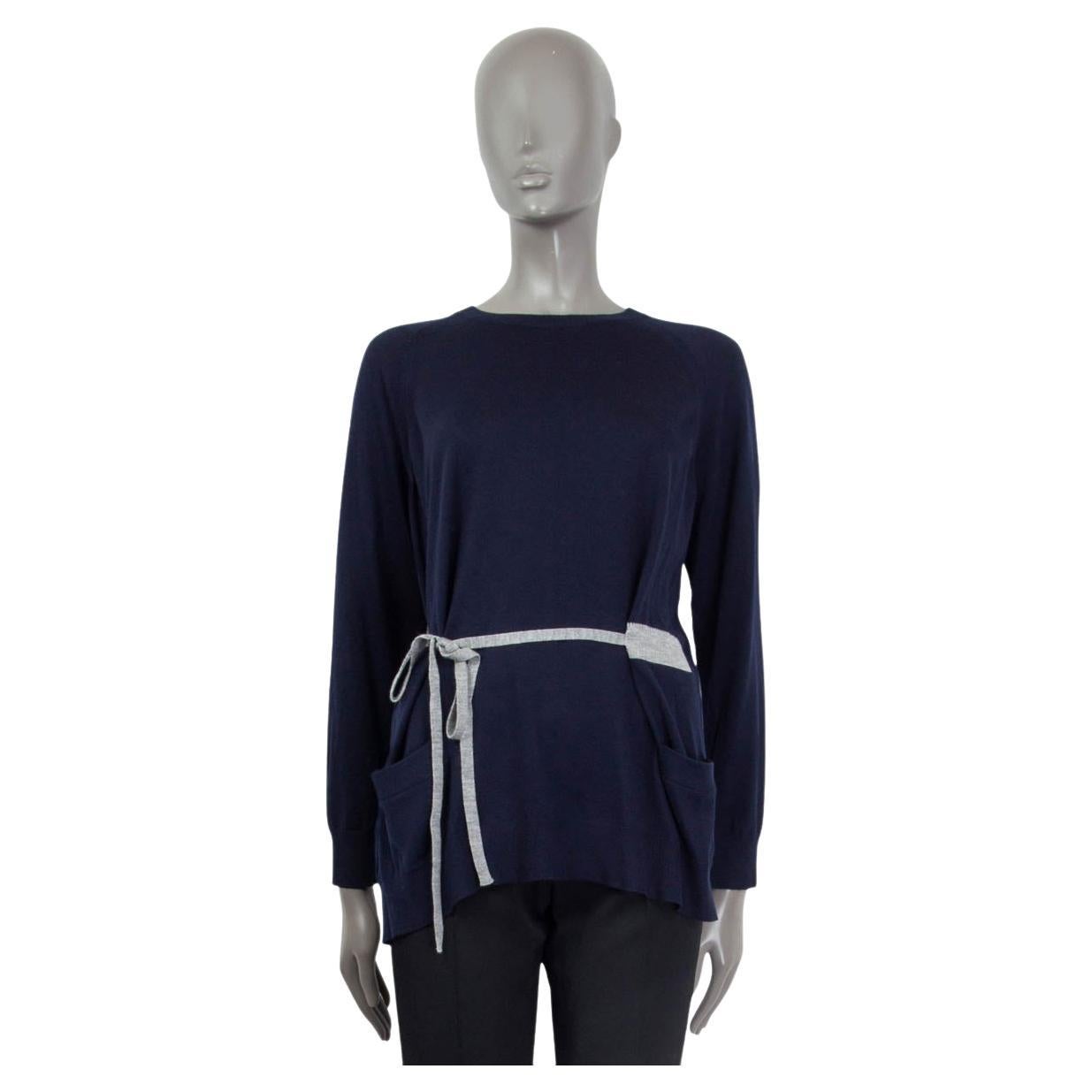 PRADA navy blue & grey wool BACK BUTTON TIE WAIST Crewneck Sweater 42 M For Sale