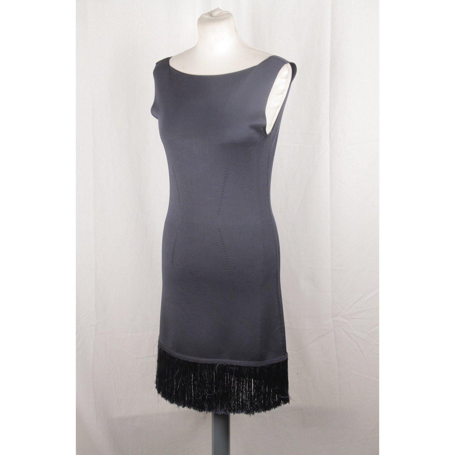 Gray PRADA Navy Blue Knit SLEEVELESS DRESS with Fringes SIZE 42