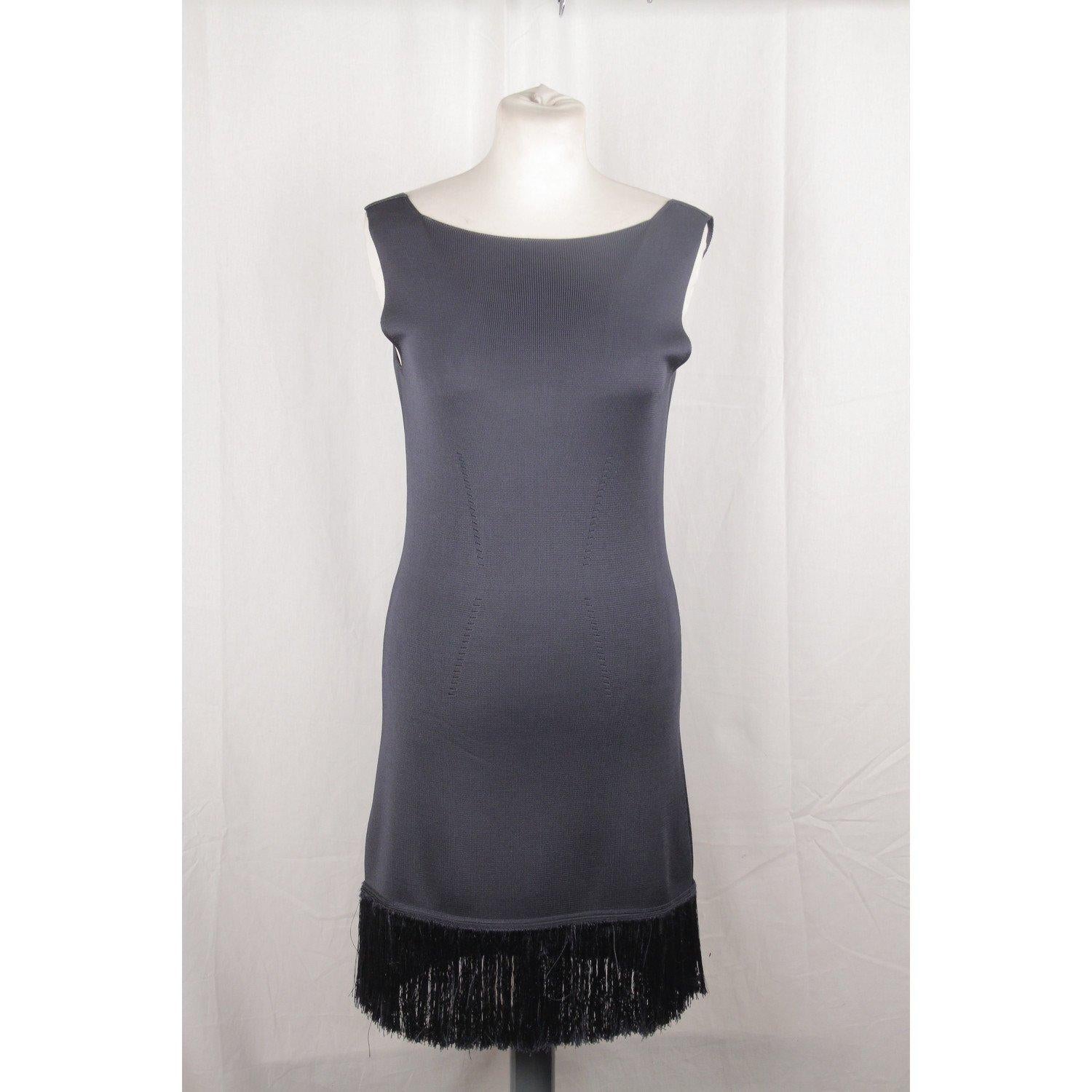 PRADA Navy Blue Knit SLEEVELESS DRESS with Fringes SIZE 42 In Excellent Condition In Rome, Rome