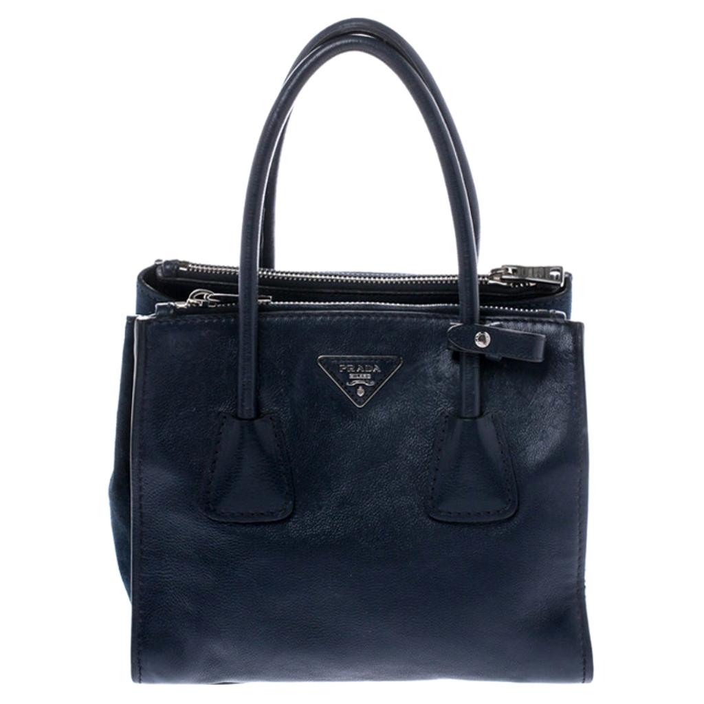 Prada Navy Blue Leather and Suede Twin Pocket Double Handle Tote