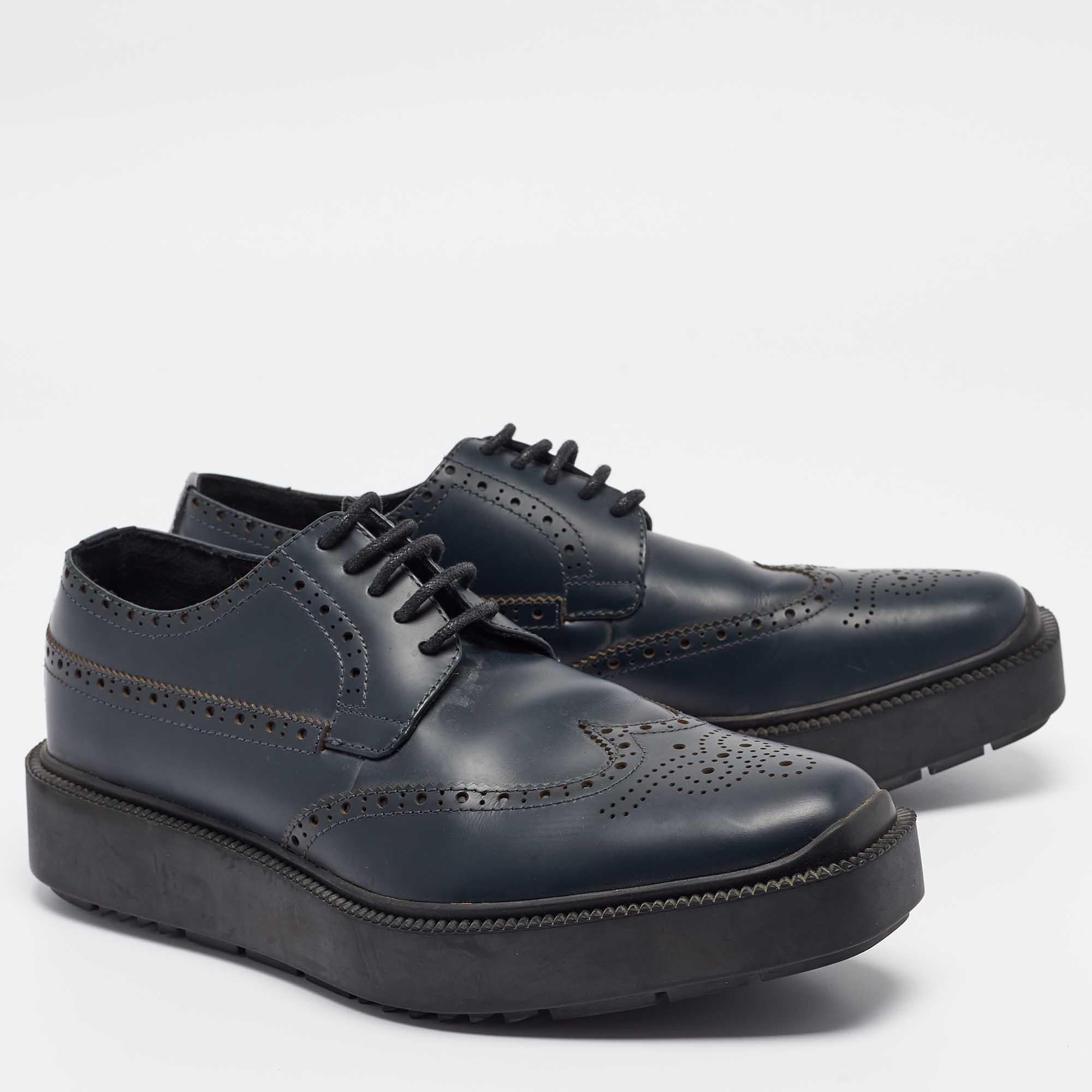 Prada Navy Blue Leather Brogue Deby Sneakers Size 39 In Good Condition In Dubai, Al Qouz 2