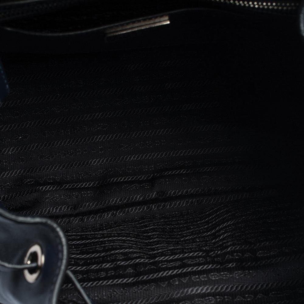Prada Navy Blue Leather Double Pocket Drawstring Shoulder Bag 3