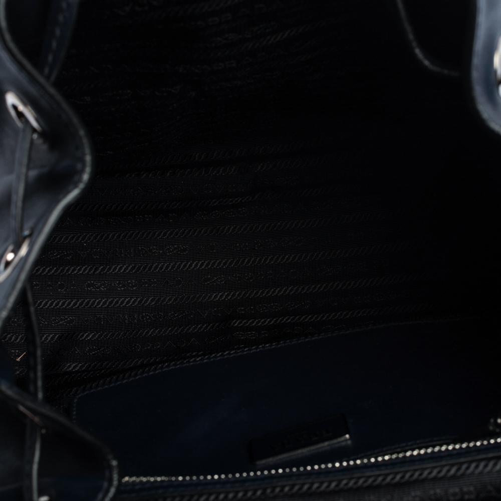 Prada Navy Blue Leather Double Pocket Drawstring Shoulder Bag 4