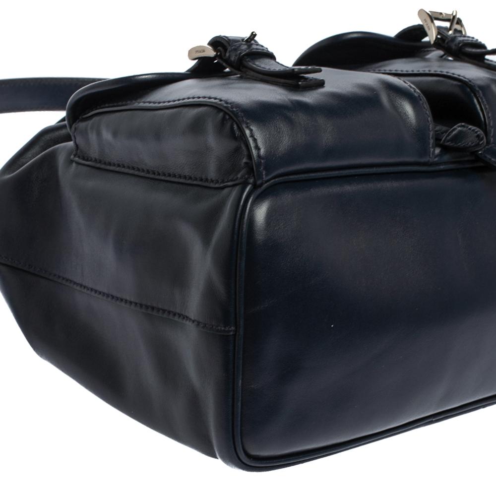 Prada Navy Blue Leather Double Pocket Drawstring Shoulder Bag 5