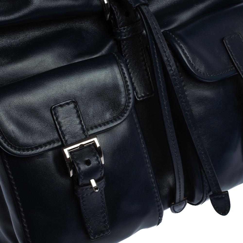 Prada Navy Blue Leather Double Pocket Drawstring Shoulder Bag 7