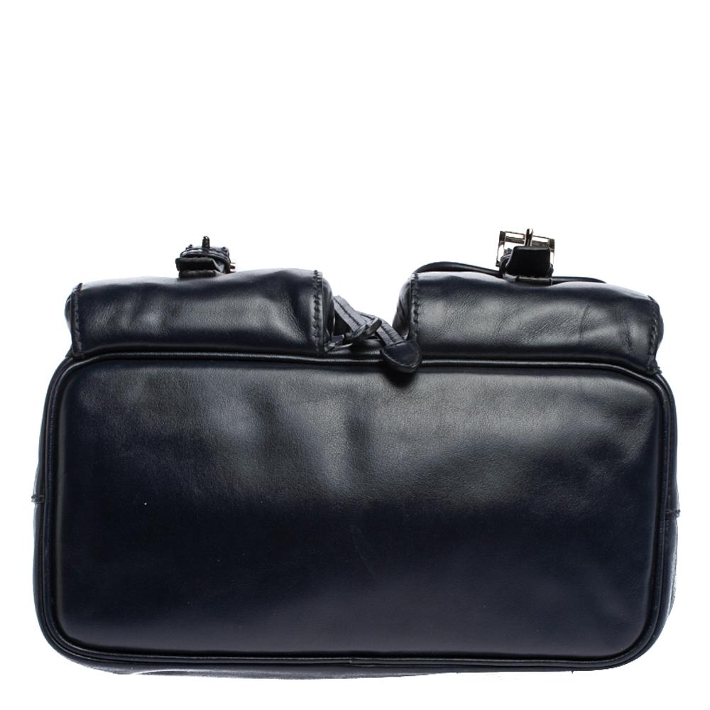 Black Prada Navy Blue Leather Double Pocket Drawstring Shoulder Bag