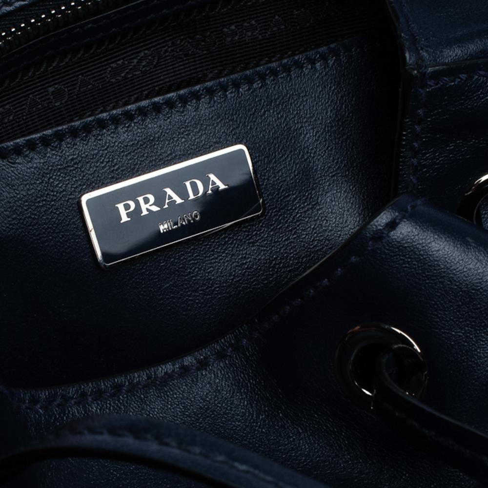 Prada Navy Blue Leather Double Pocket Drawstring Shoulder Bag 1