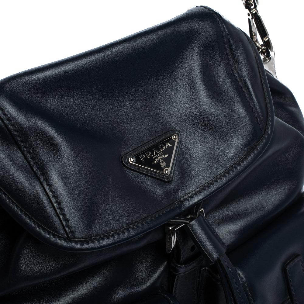 Prada Navy Blue Leather Double Pocket Drawstring Shoulder Bag 2