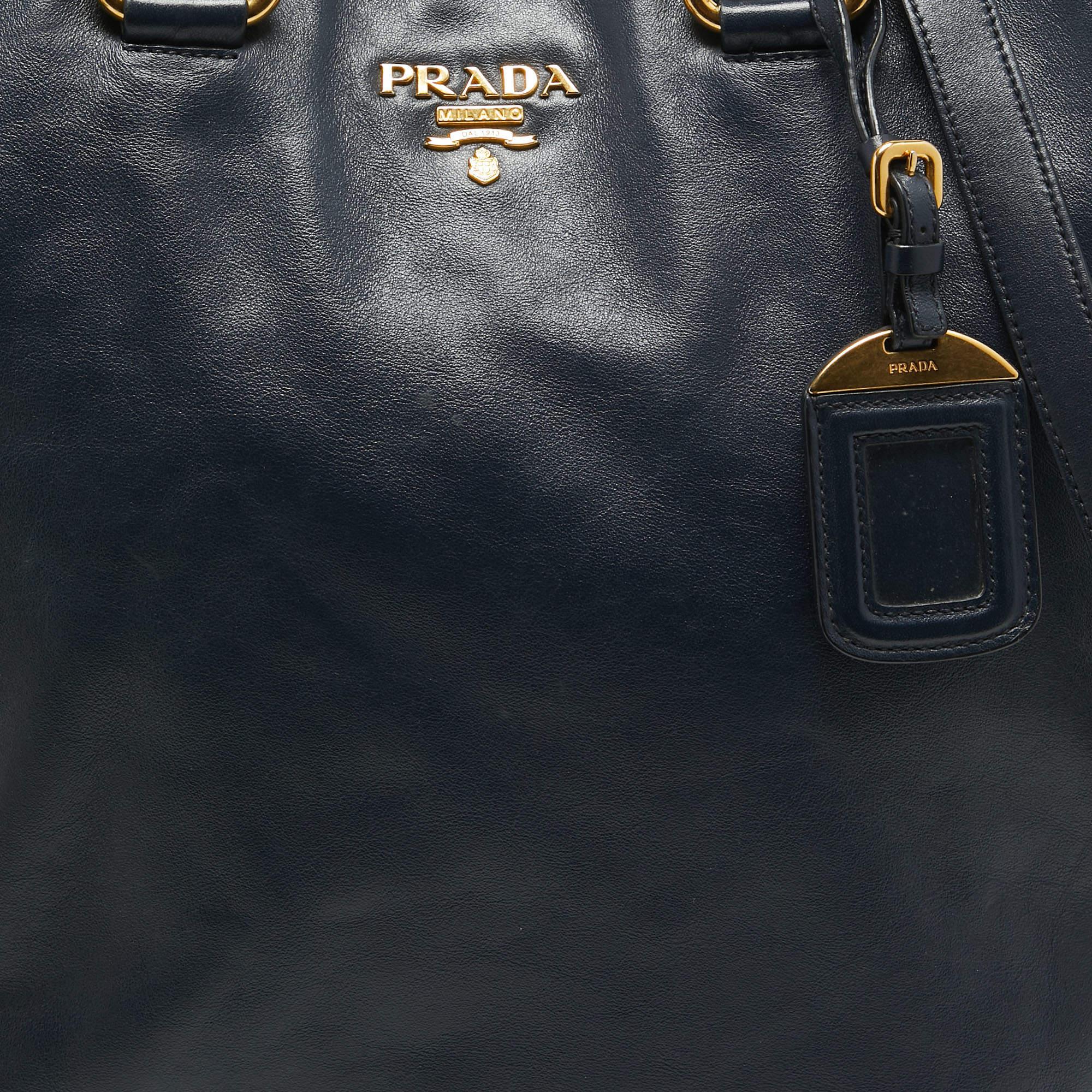 Prada Navy Blue Leather Side Zip Tote For Sale 8