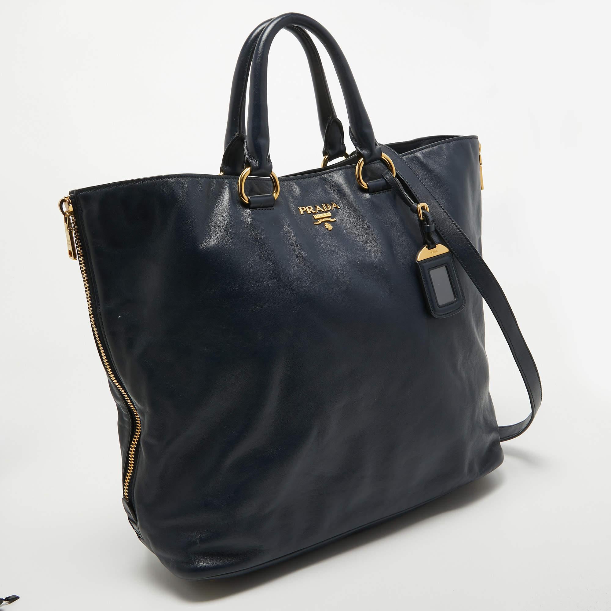 Prada Navy Blue Leather Side Zip Tote For Sale 9