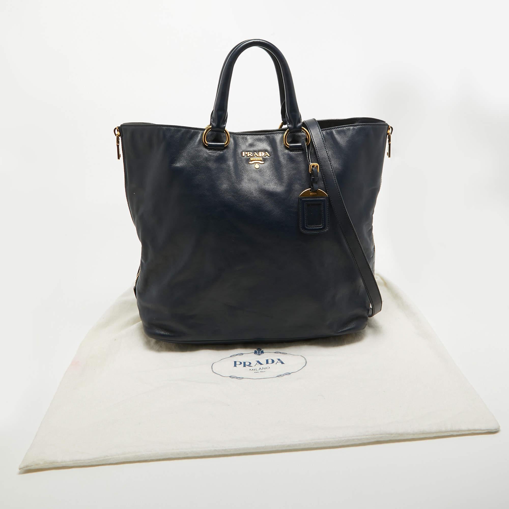 Prada Navy Blue Leather Side Zip Tote For Sale 12