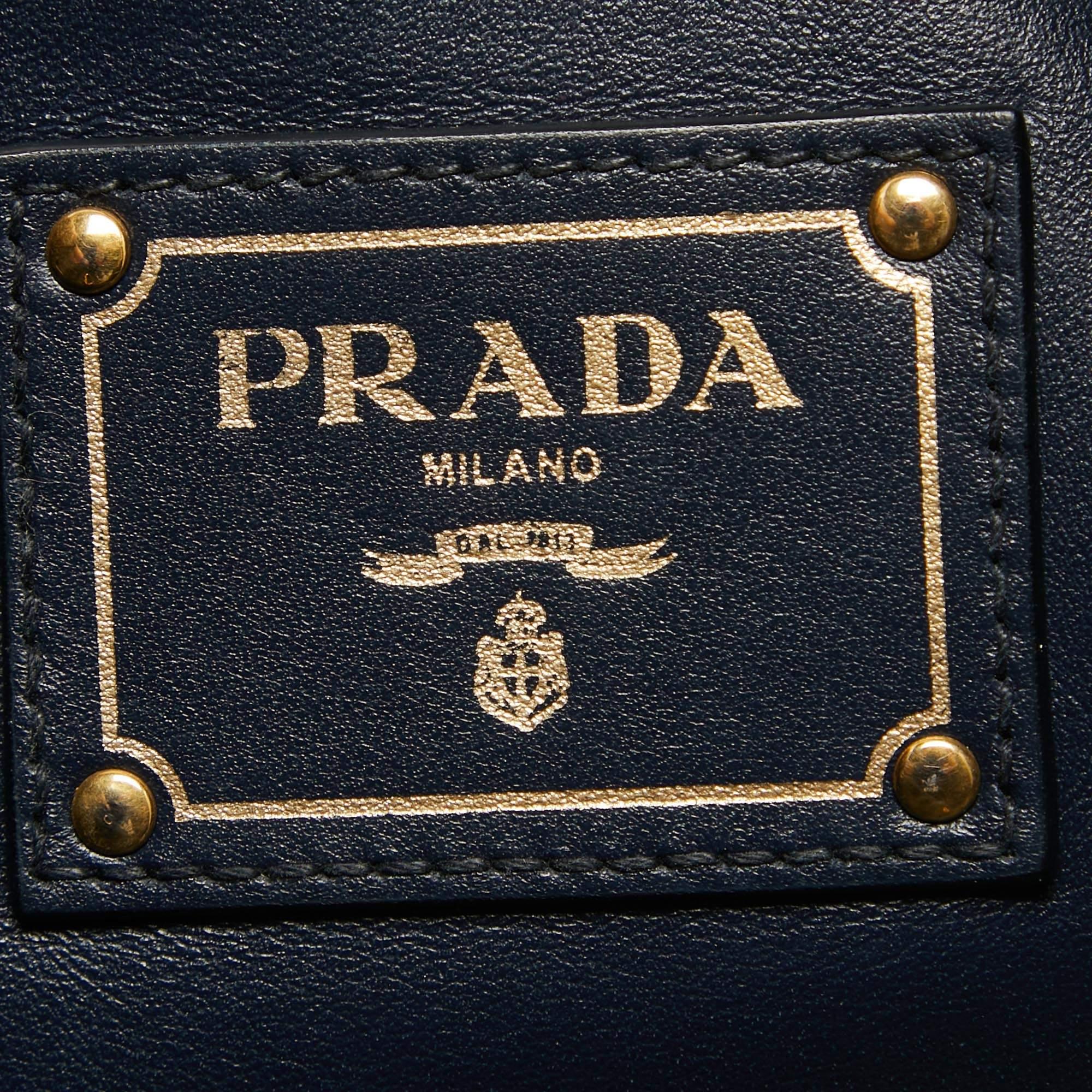 Prada Navy Blue Leather Side Zip Tote For Sale 2