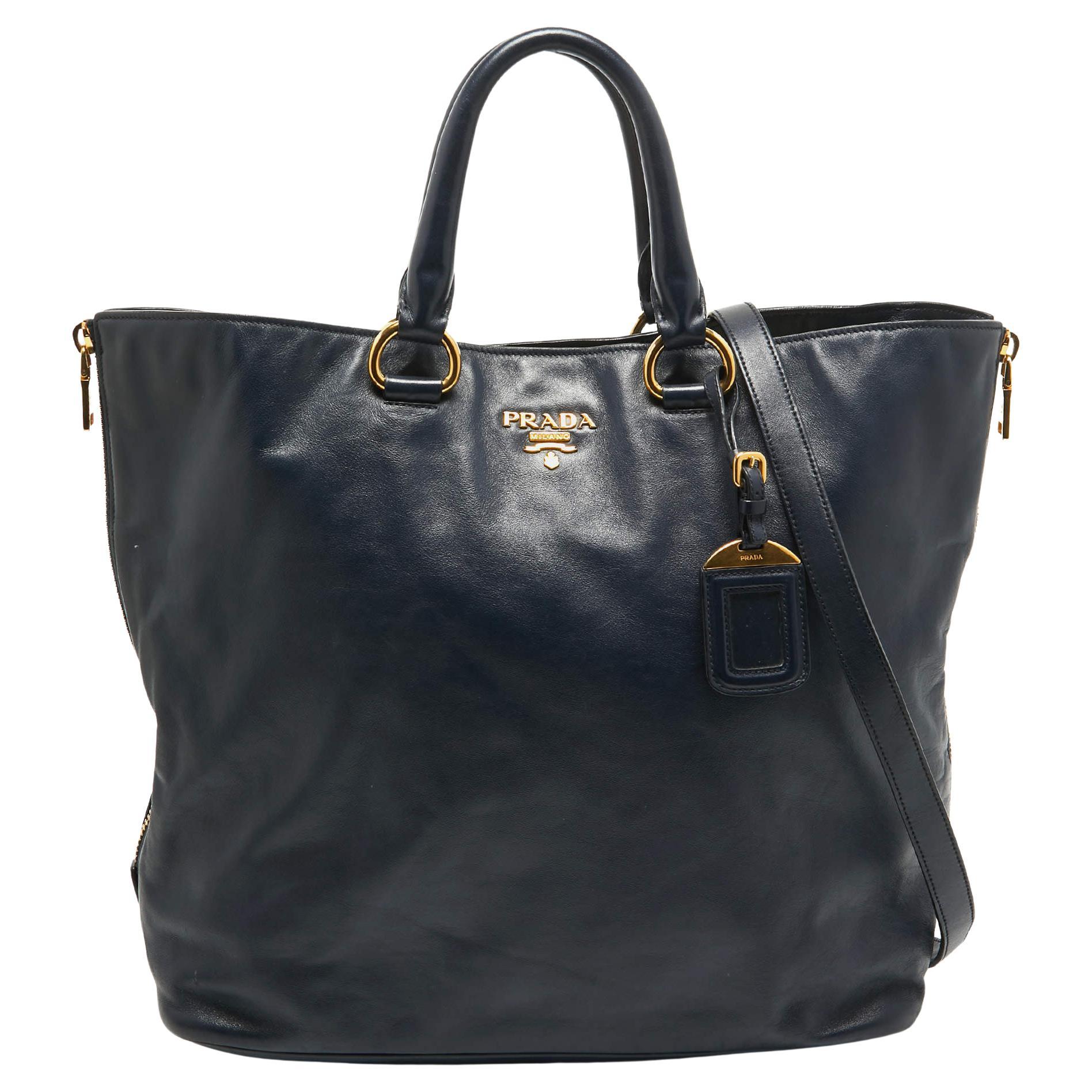 Prada Navy Blue Leather Side Zip Tote For Sale