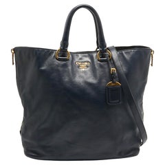 Prada Navy Blue Leather Side Zip Tote