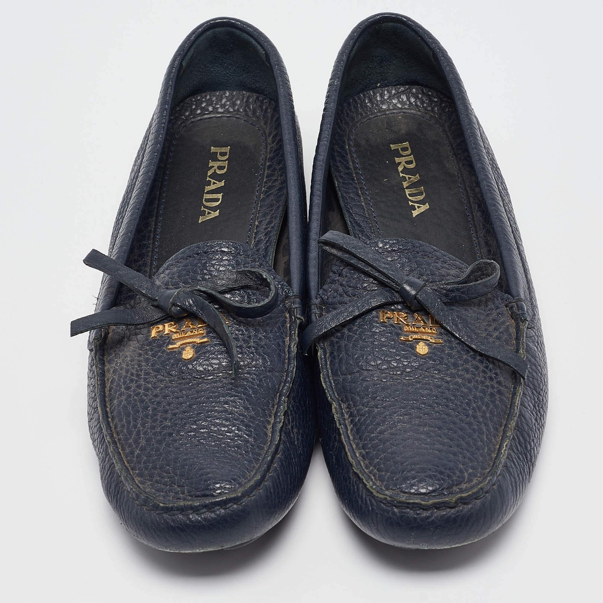 Black Prada Navy Blue Leather Slip On Loafers Size 38