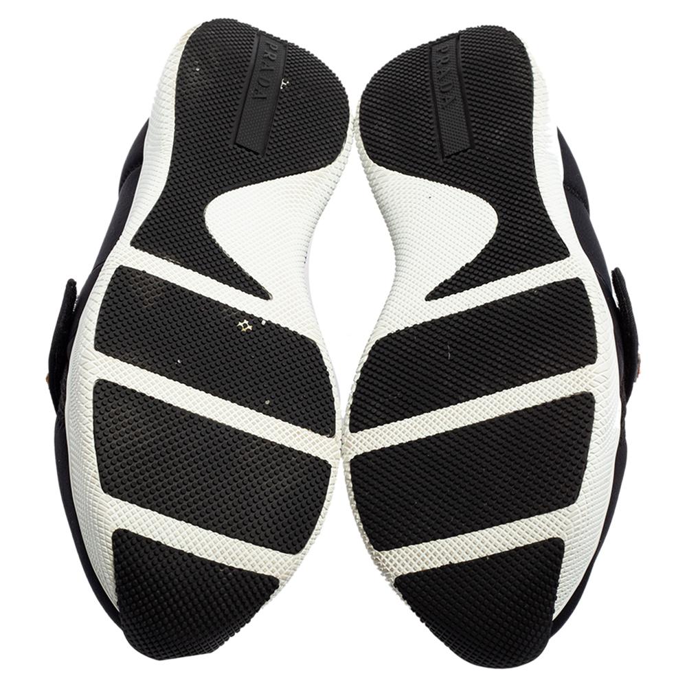 Black Prada Navy Blue Neoprene Multicolor Logo Strap Slip-On Sneakers Size 35