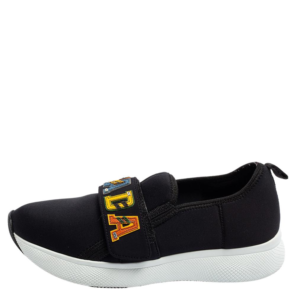 Prada Navy Blue Neoprene Multicolor Logo Strap Slip-On Sneakers Size 35 In Excellent Condition In Dubai, Al Qouz 2