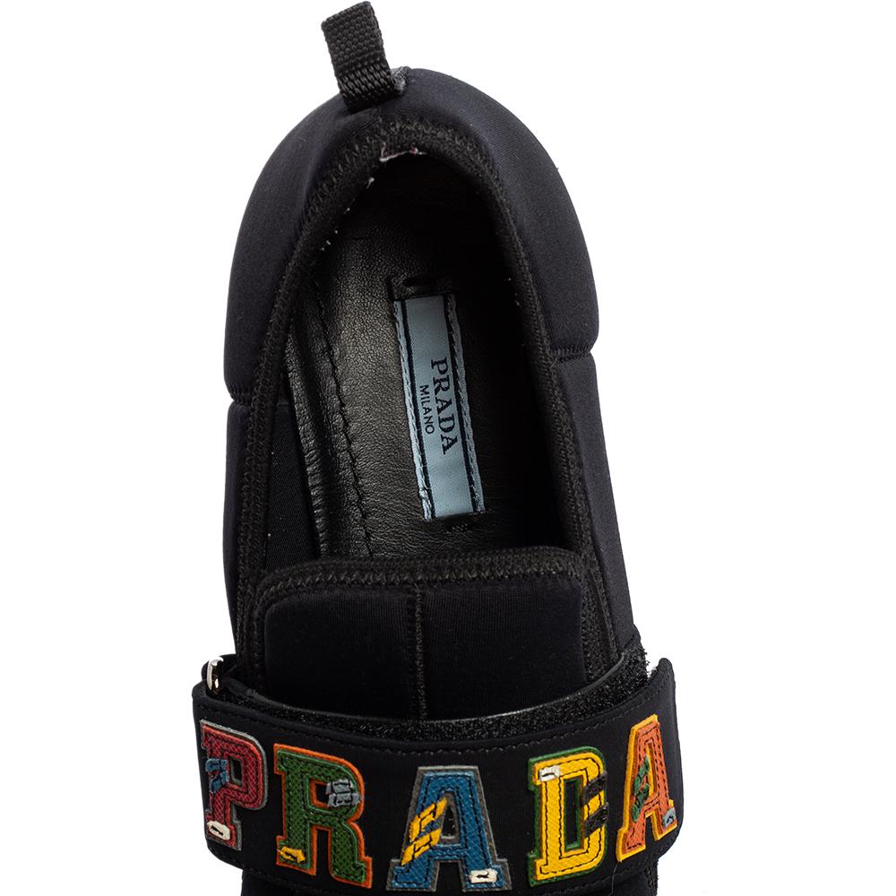 Women's Prada Navy Blue Neoprene Multicolor Logo Strap Slip-On Sneakers Size 35