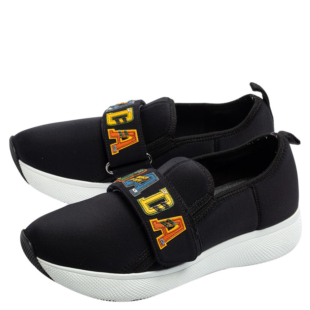 Prada Navy Blue Neoprene Multicolor Logo Strap Slip-On Sneakers Size 35 1