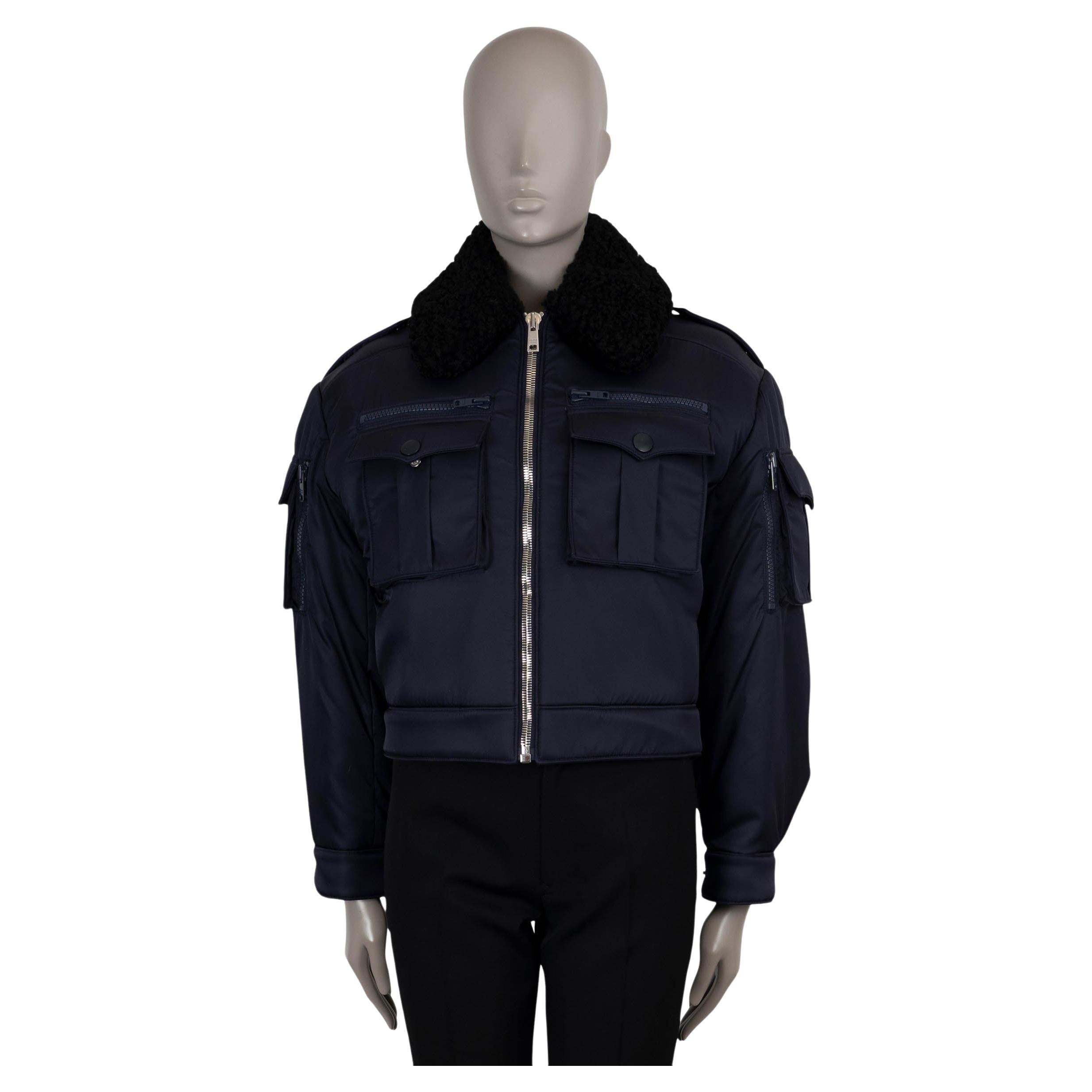 PRADA bleu marine nylon 2019 SHEARLING COLLAR BOMBER Jacket 40 S en vente