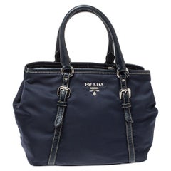 Prada Navy Blue Nylon and Leather Buckle Tote