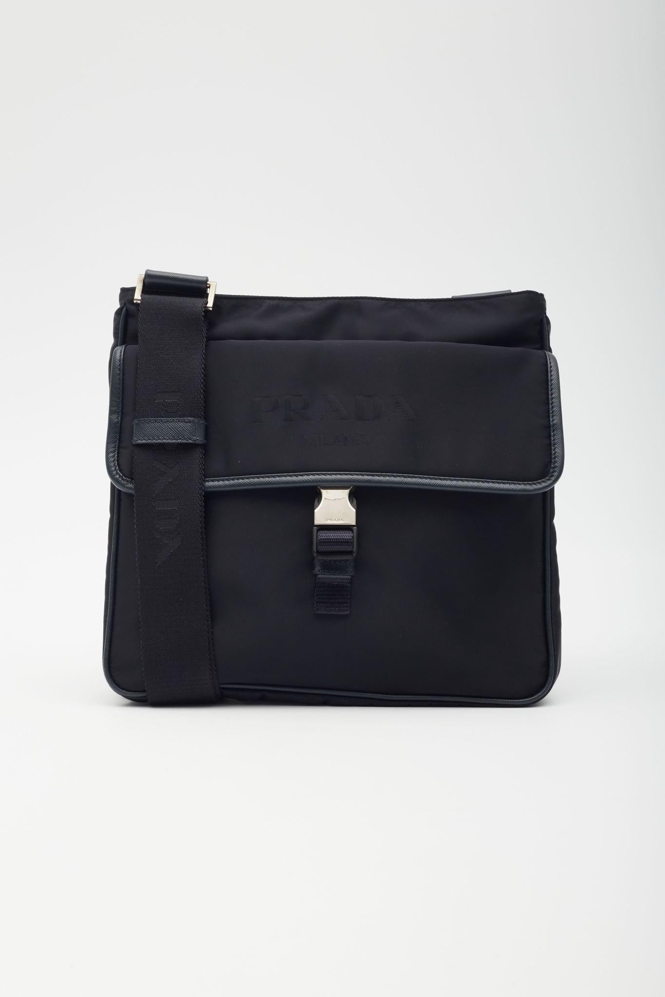 Women's Prada Navy Blue Nylon Buckle Flap Messenger Bag For Sale