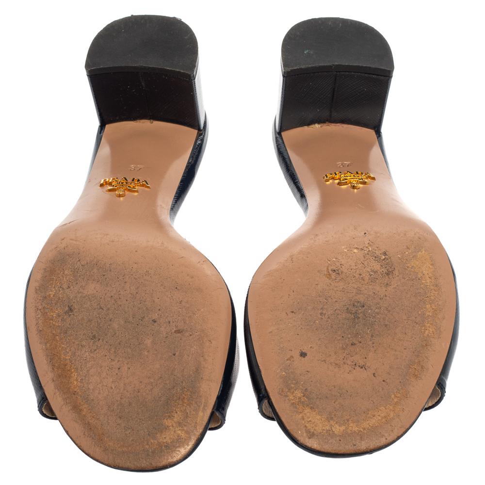 Black Prada Navy Blue Patent Leather Mules Sandals Size 37