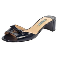 Prada Navy Blue Patent Leather Mules Sandals Size 37