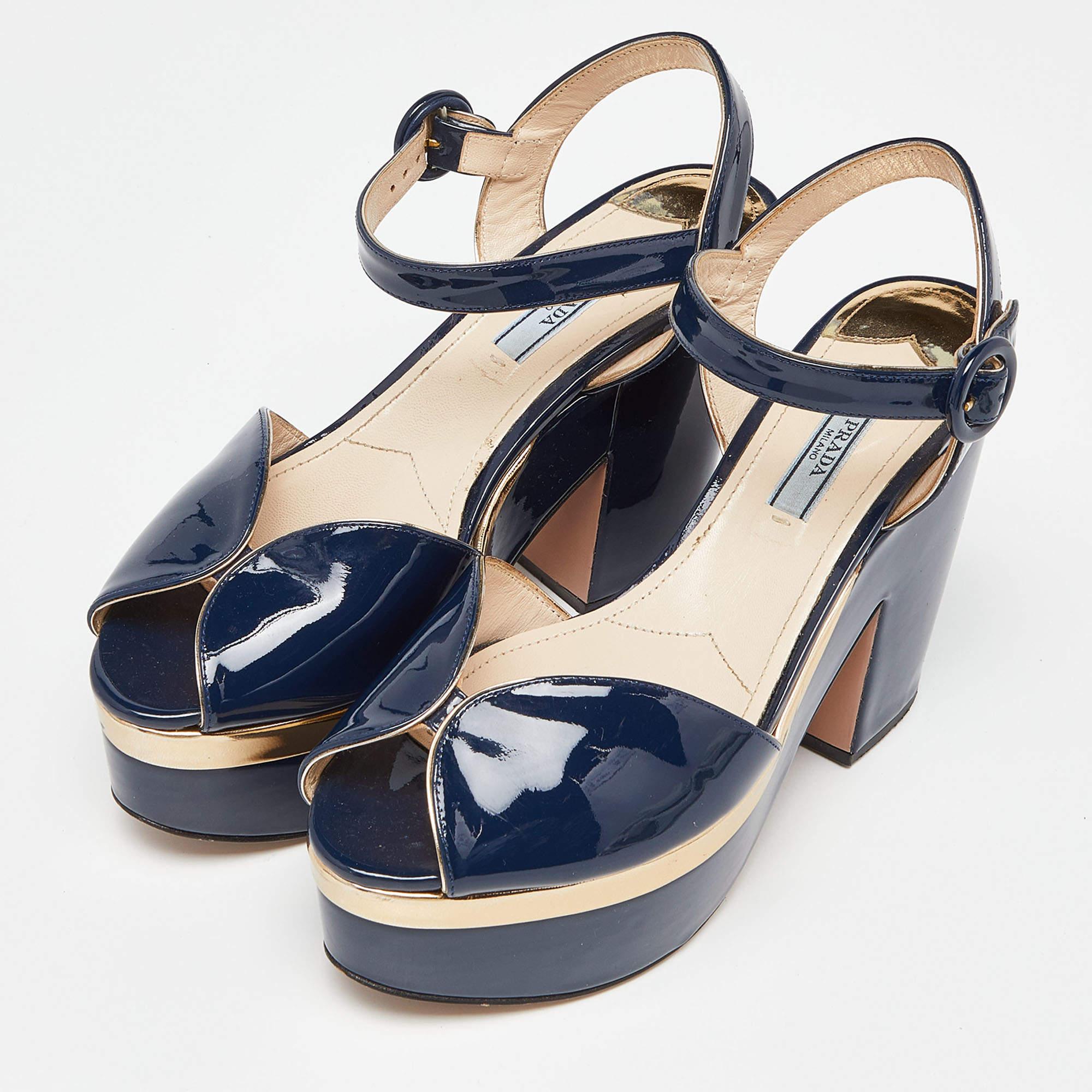 Women's Prada Navy Blue Patent Leather Platform Ankle Strap Sandals Size 38.5