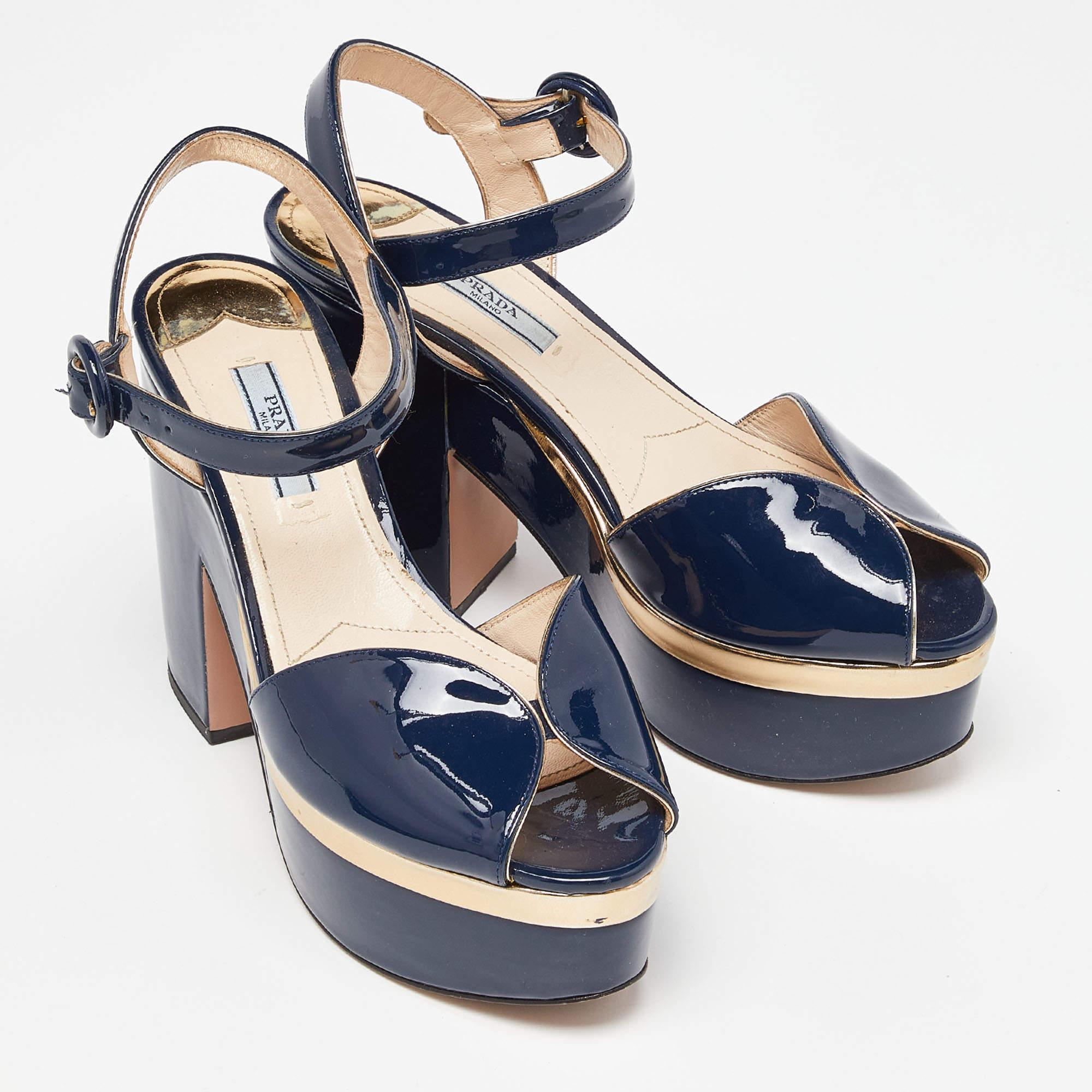 Prada Navy Blue Patent Leather Platform Ankle Strap Sandals Size 38.5 1