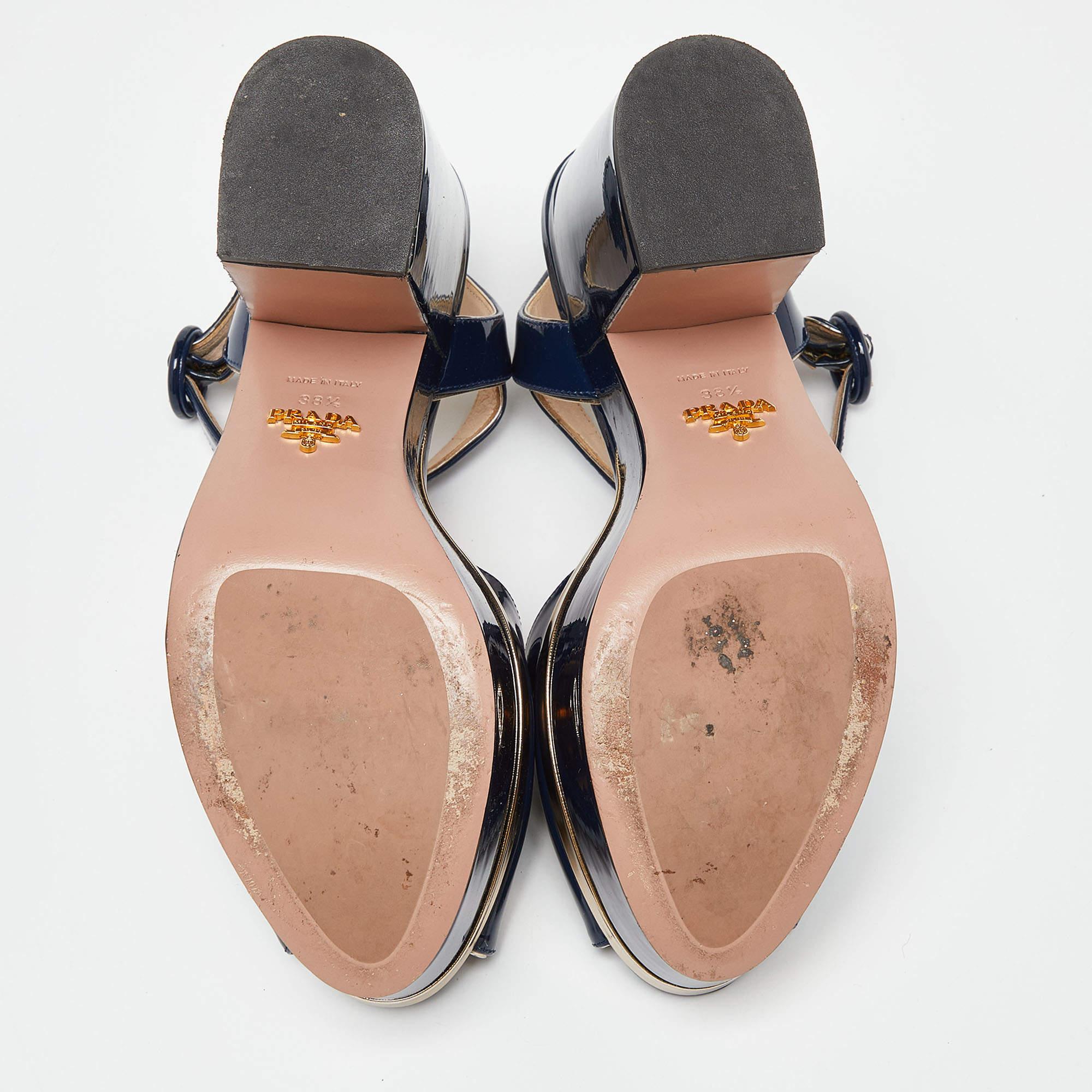 Prada Navy Blue Patent Leather Platform Ankle Strap Sandals Size 38.5 4
