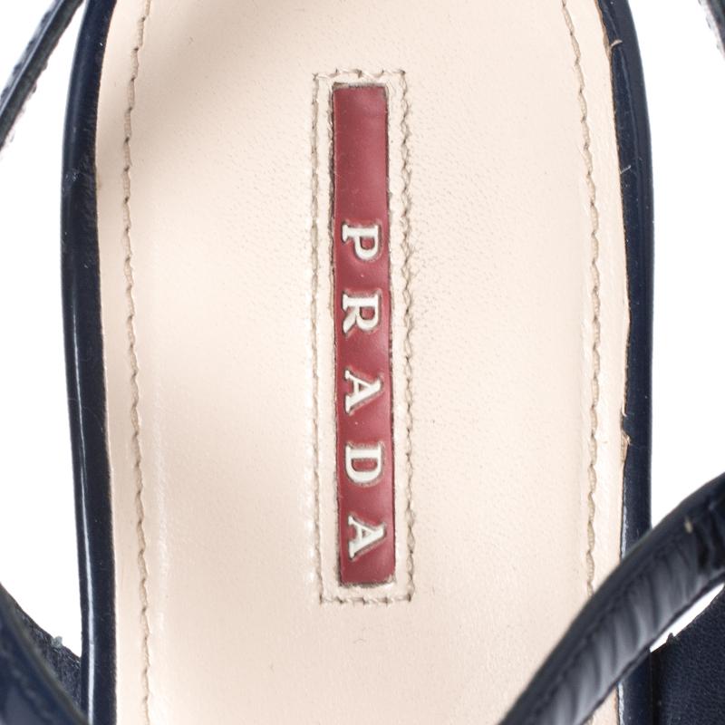 Prada Navy Blue Patent Leather Platform Stripe Wedge Ankle Strap Sandals Size 40 In Good Condition In Dubai, Al Qouz 2