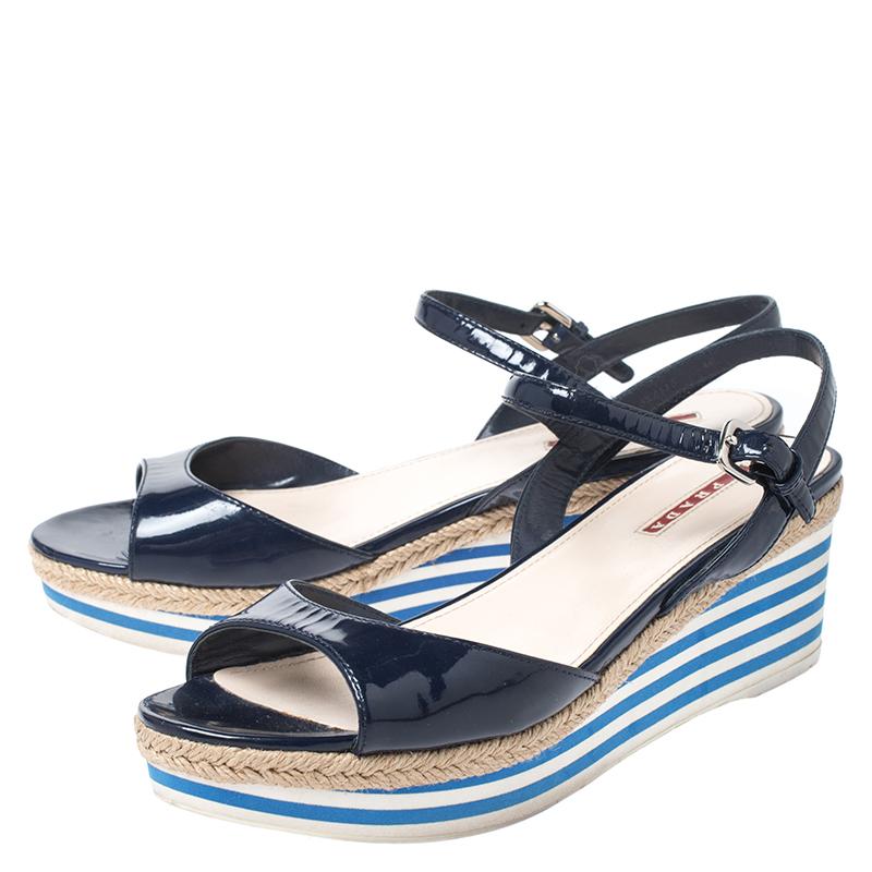 Women's Prada Navy Blue Patent Leather Platform Stripe Wedge Ankle Strap Sandals Size 40