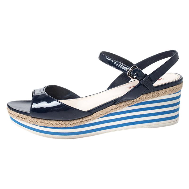 Prada Navy Blue Patent Leather Platform Stripe Wedge Ankle Strap Sandals Size 40