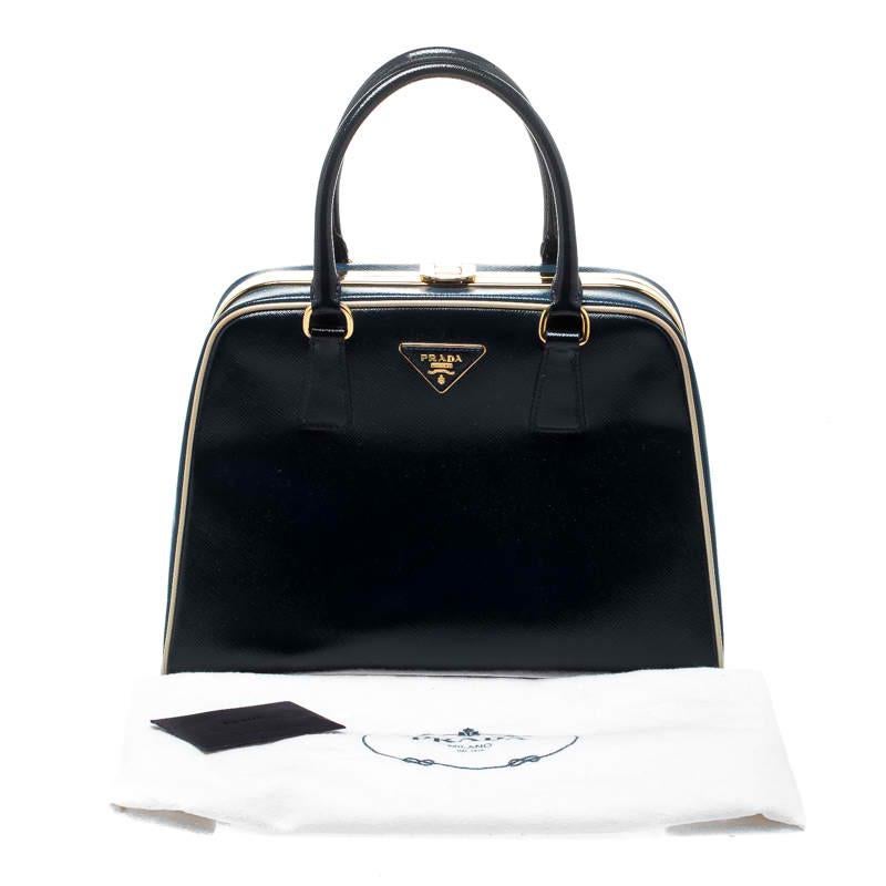 Prada Navy Blue Patent Leather Pyramid Frame Top Handle Bag 4