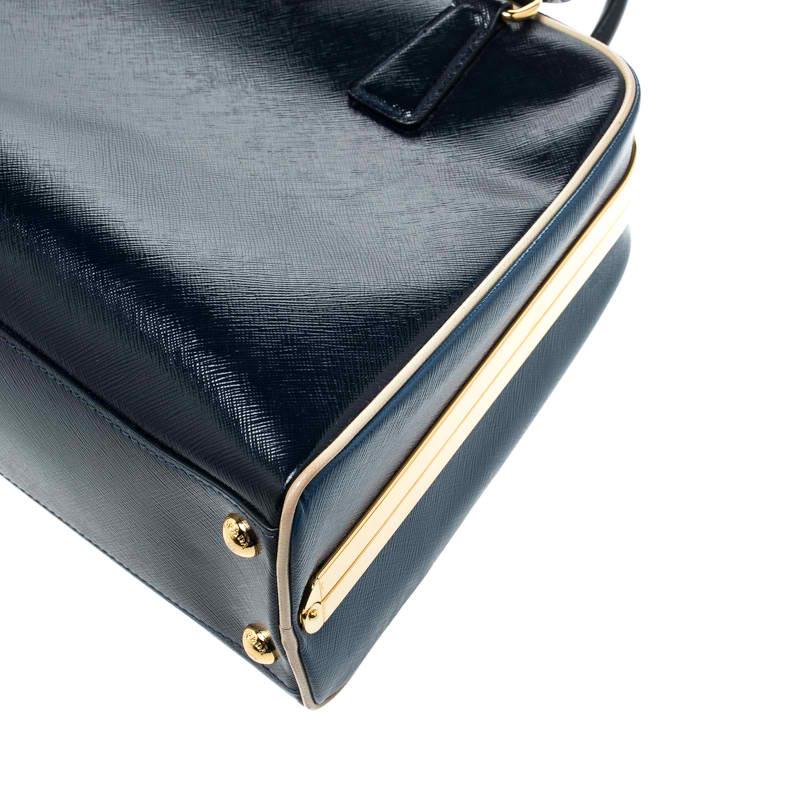 Black Prada Navy Blue Patent Leather Pyramid Frame Top Handle Bag