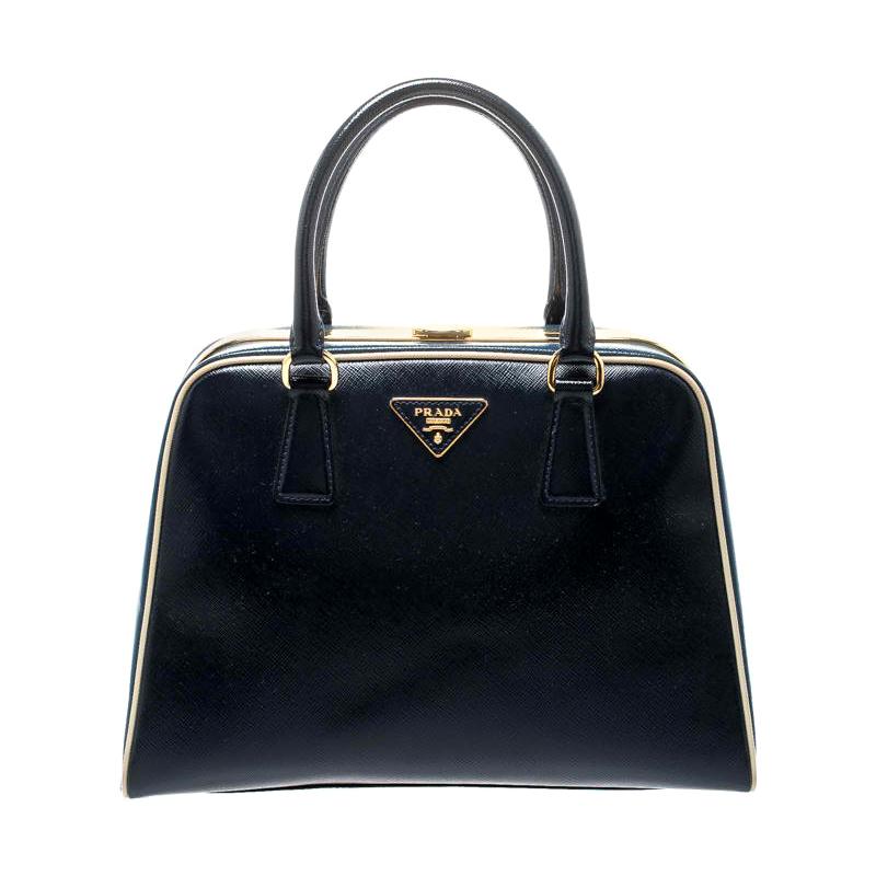 Prada Navy Blue Patent Leather Pyramid Frame Top Handle Bag