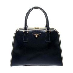 Prada Navy Blue Patent Leather Pyramid Frame Top Handle Bag