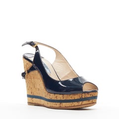 PRADA navy blue patent peep toe striped cork platform slingback wedge EU35.5